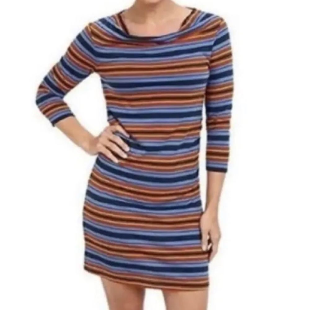 Patagonia Kamala Dress Cowl Neck Womens Medium Striped 3/4 Sleeve